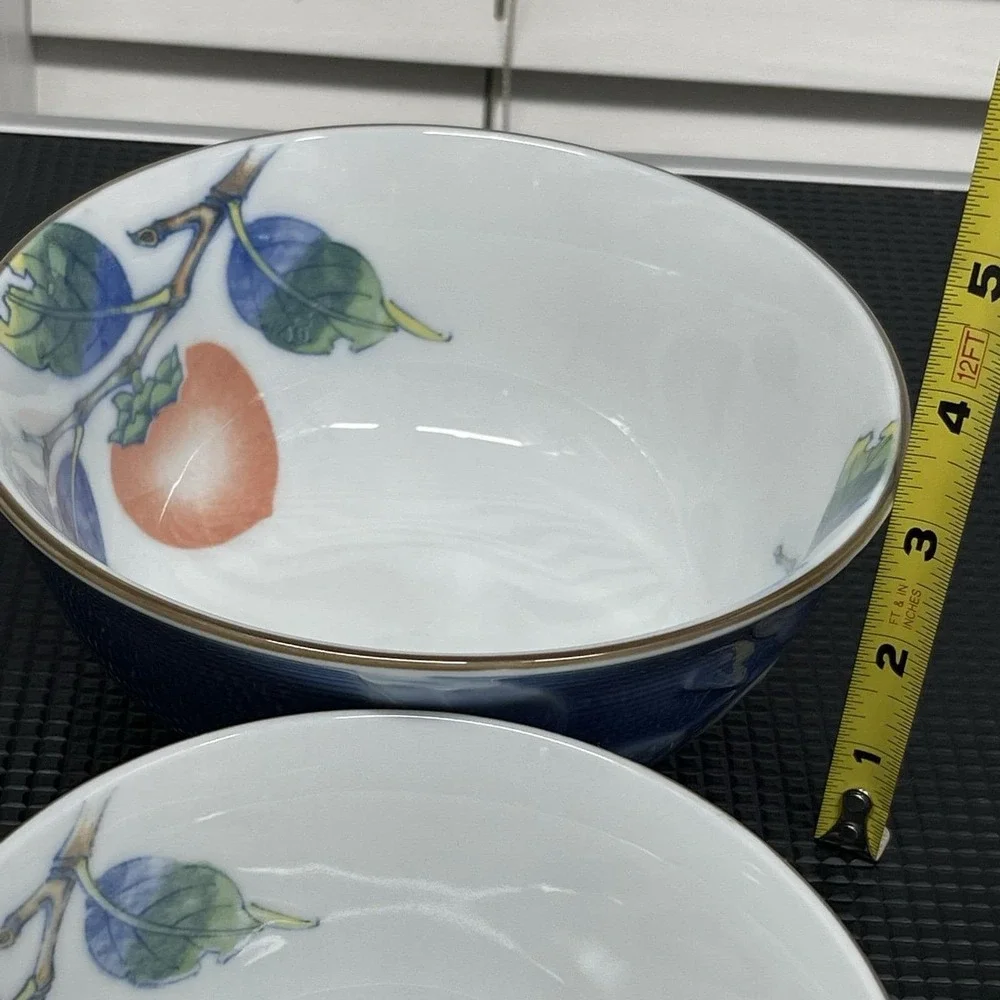 Vintage Andrea by Sadek‎ Japanese Hand Painted Bowls Set Blue Embossed Persimmon